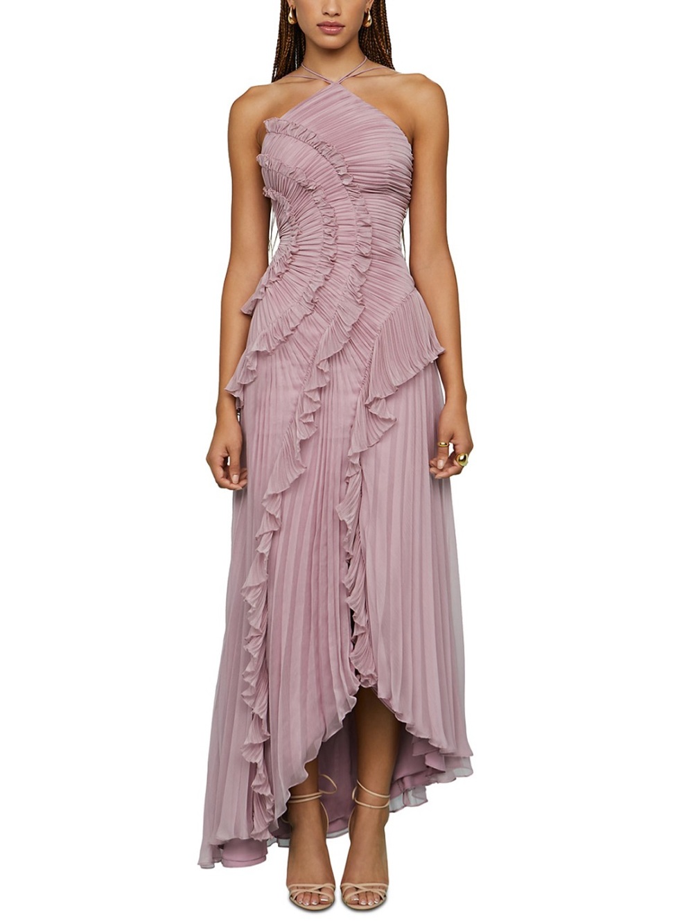 AMUR Lorelie Halter Gown Sz 8 Water Hyacinth Mauve Pink Pleat Ruffle Maxi Dress
